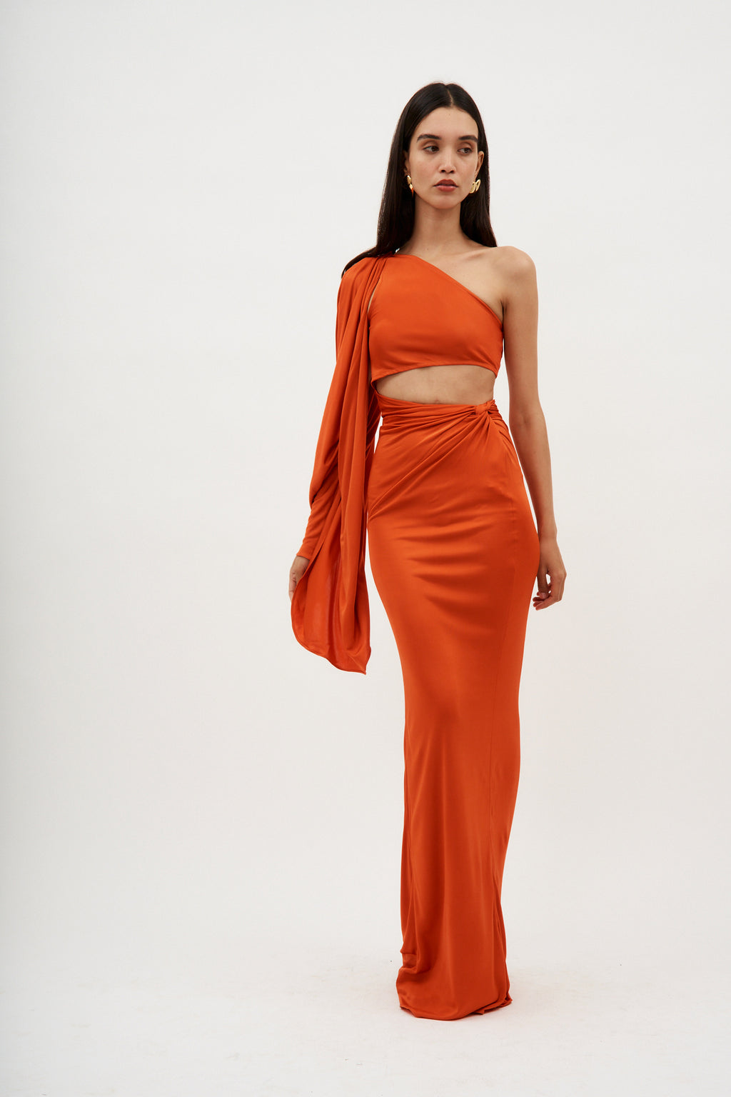 Asymmetric One Sleeve Orange Cut Out Dress - Désordre Boutique