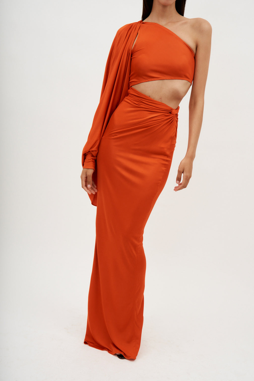 Asymmetric One Sleeve Orange Cut Out Dress - Désordre Boutique