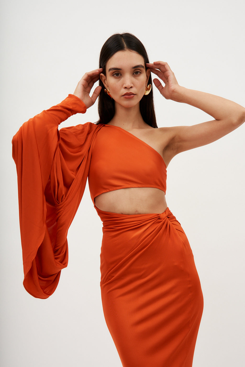 Asymmetric One Sleeve Orange Cut Out Dress - Désordre Boutique