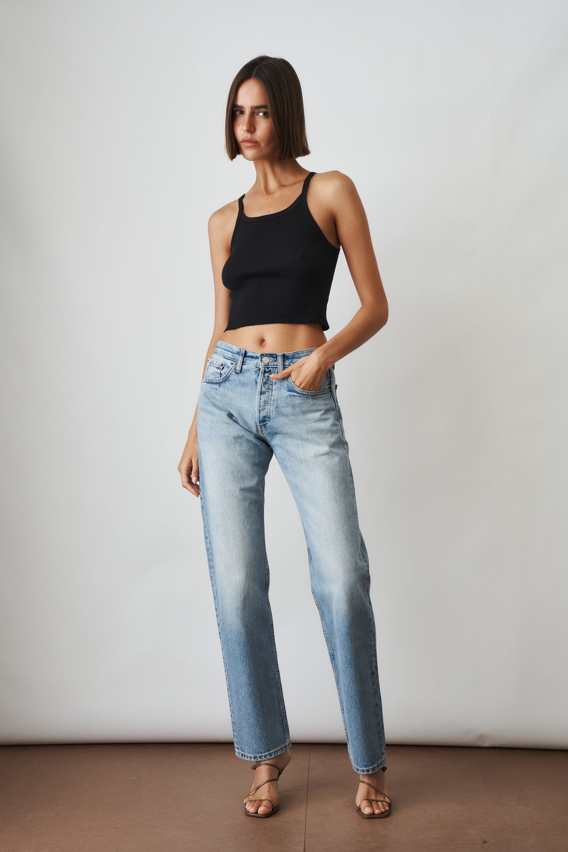 Aya Muse straight jeans in XXS size, showcasing classic denim pants with a fitted silhouette and clean stitching.