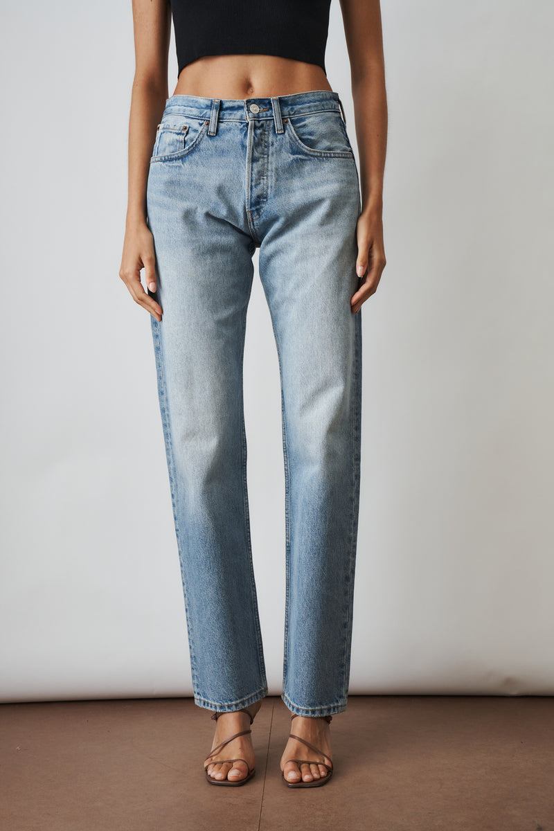 Aya Muse straight jeans in XXS fit, denim pants featuring a classic cut with visible stitching and five-pocket design.