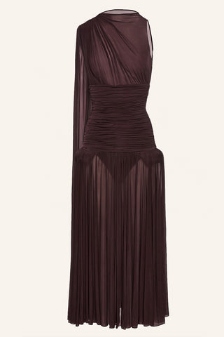 Sheer Draped Midi Bordeaux Dress