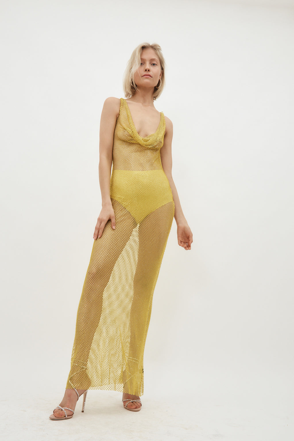 Cowl Neck Fluoro Yellow Rhinestone Mesh Dress - Désordre Boutique