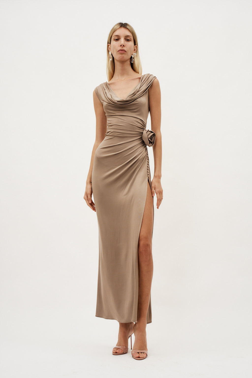 Cowl Neck Jersey Midi Beige Dress - Désordre Boutique