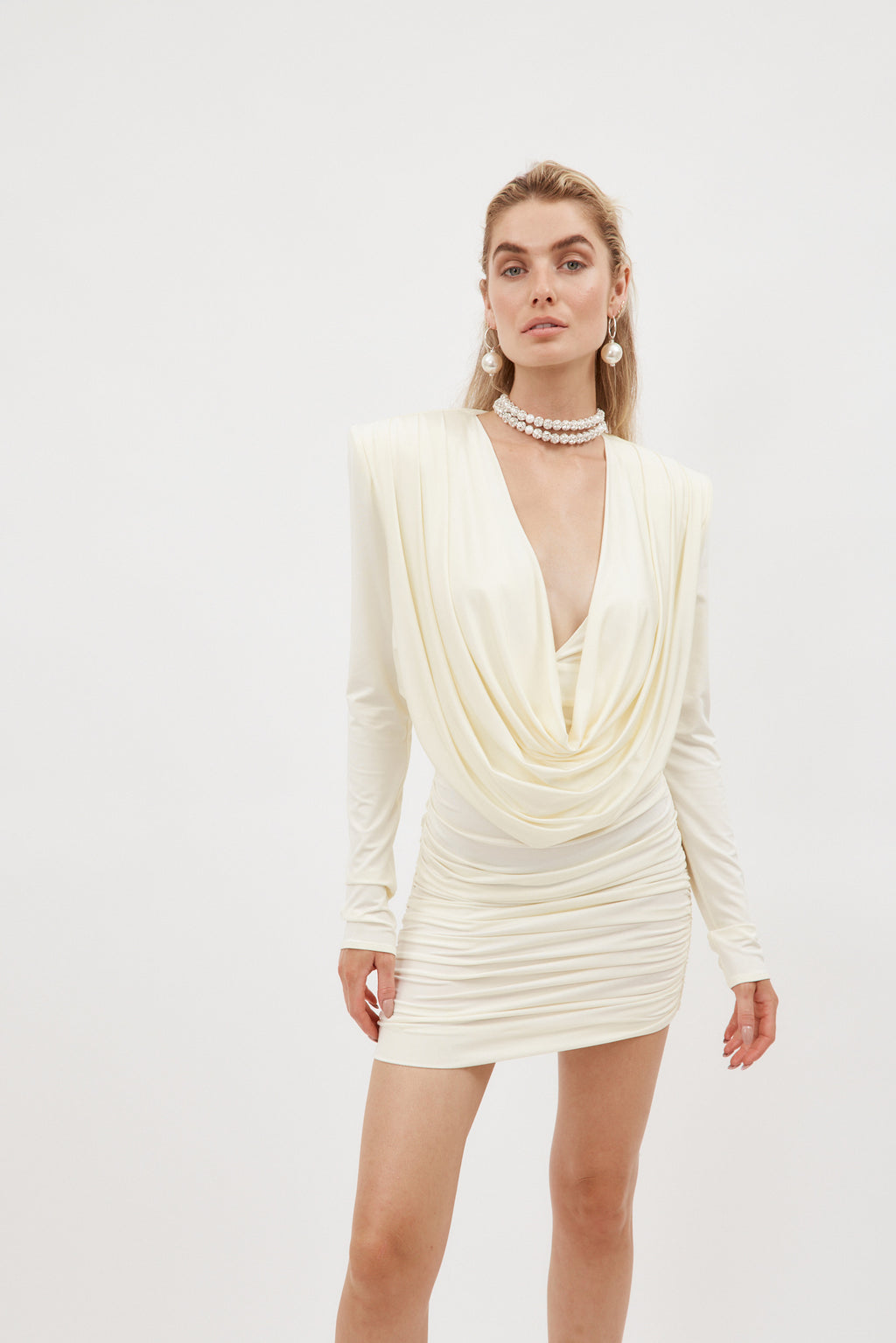 Cowl Neck Long Sleeve Cream Mini Dress - Désordre Boutique