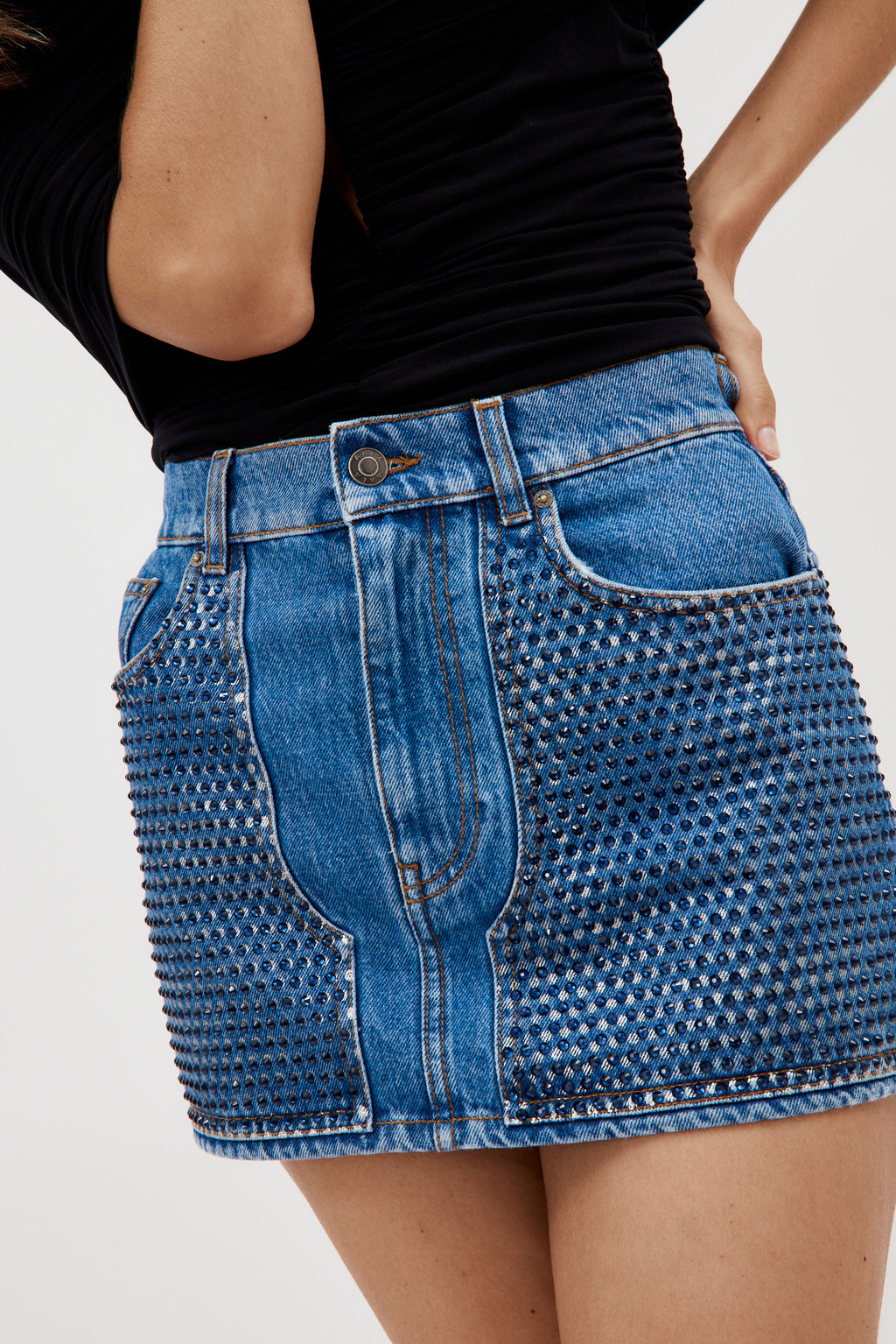 Crystal Embellished Medium Indigo Mini Skirt - Désordre Boutique