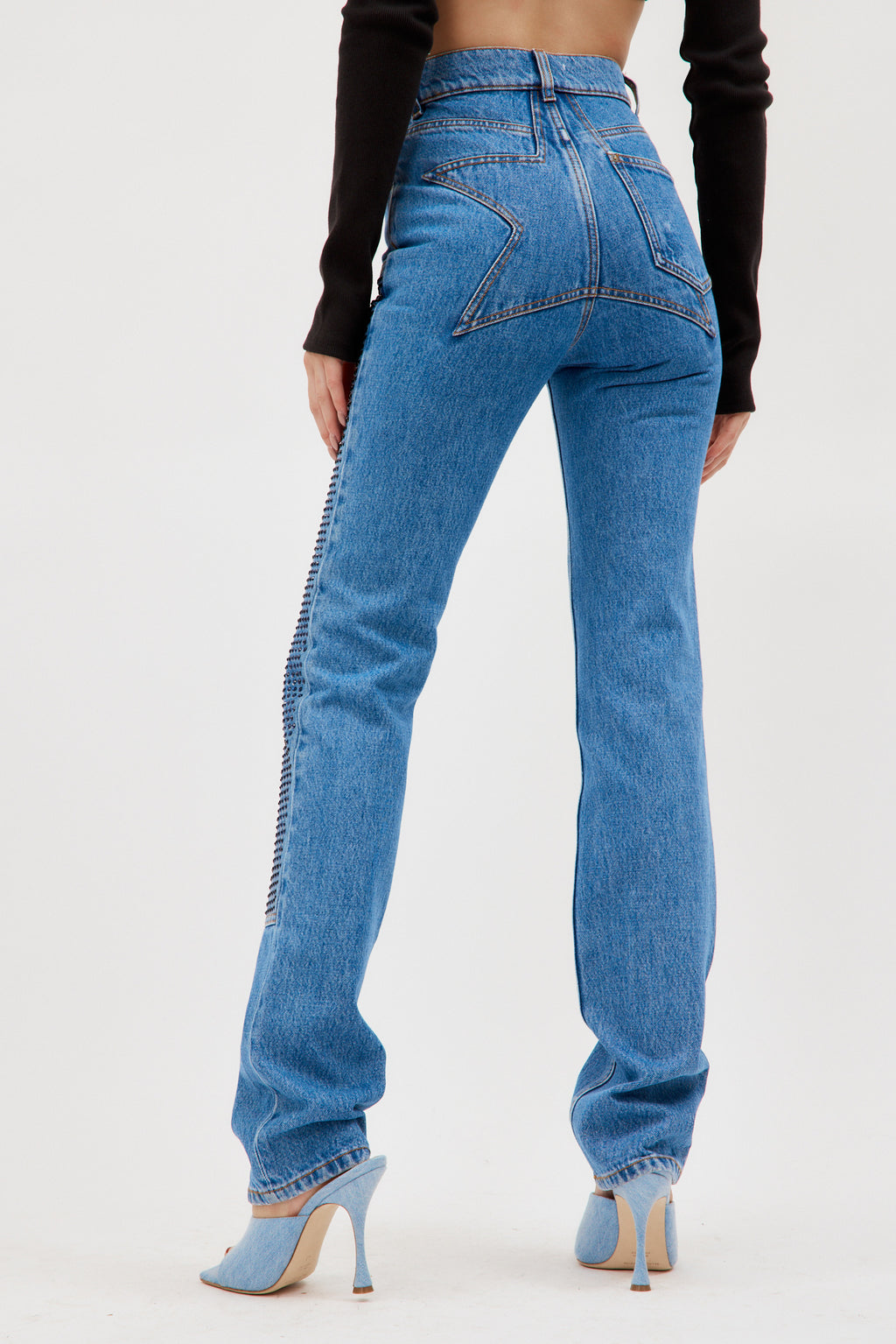 Crystal Embellished Straight Leg Medium Indigo Jean - Désordre Boutique