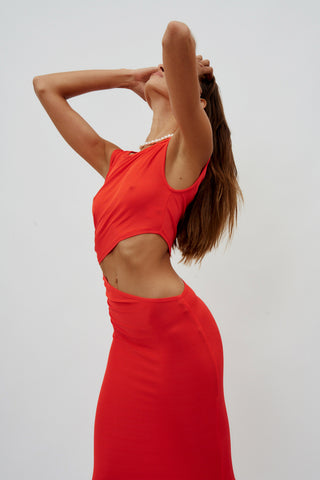 Cut Out Sleeveless Long Ribbed Tangerine Red Dress - Désordre Boutique