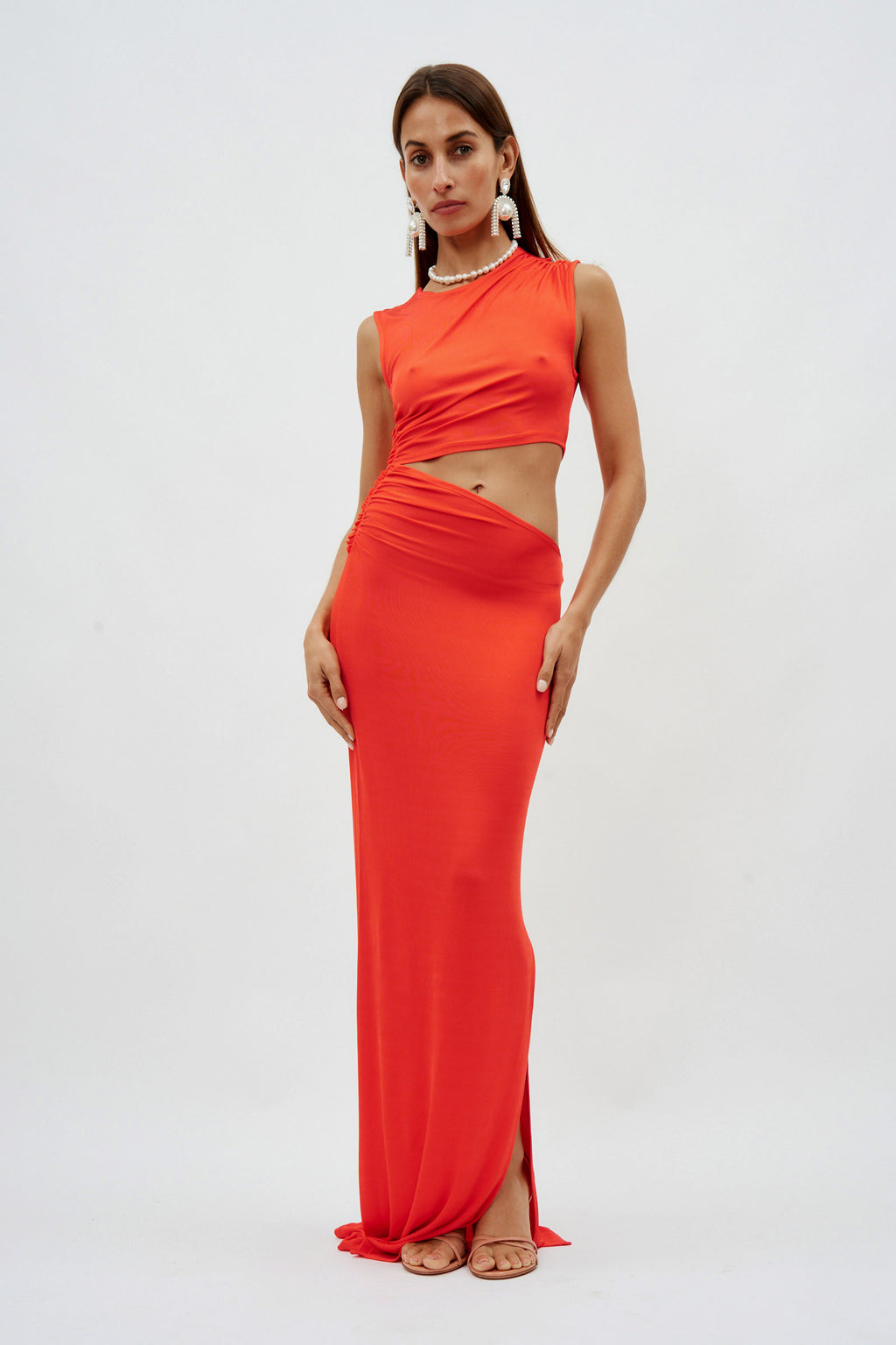 Cut Out Sleeveless Long Ribbed Tangerine Red Dress - Désordre Boutique