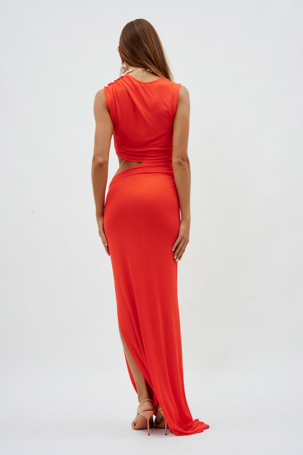 Cut Out Sleeveless Long Ribbed Tangerine Red Dress - Désordre Boutique