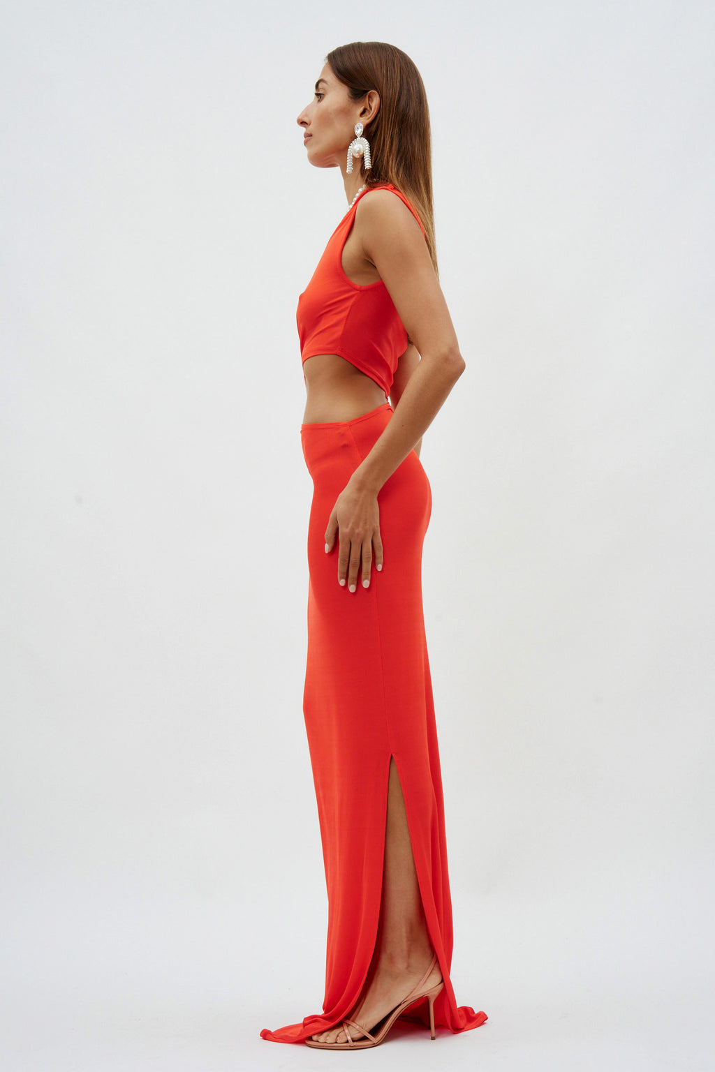 Cut Out Sleeveless Long Ribbed Tangerine Red Dress - Désordre Boutique