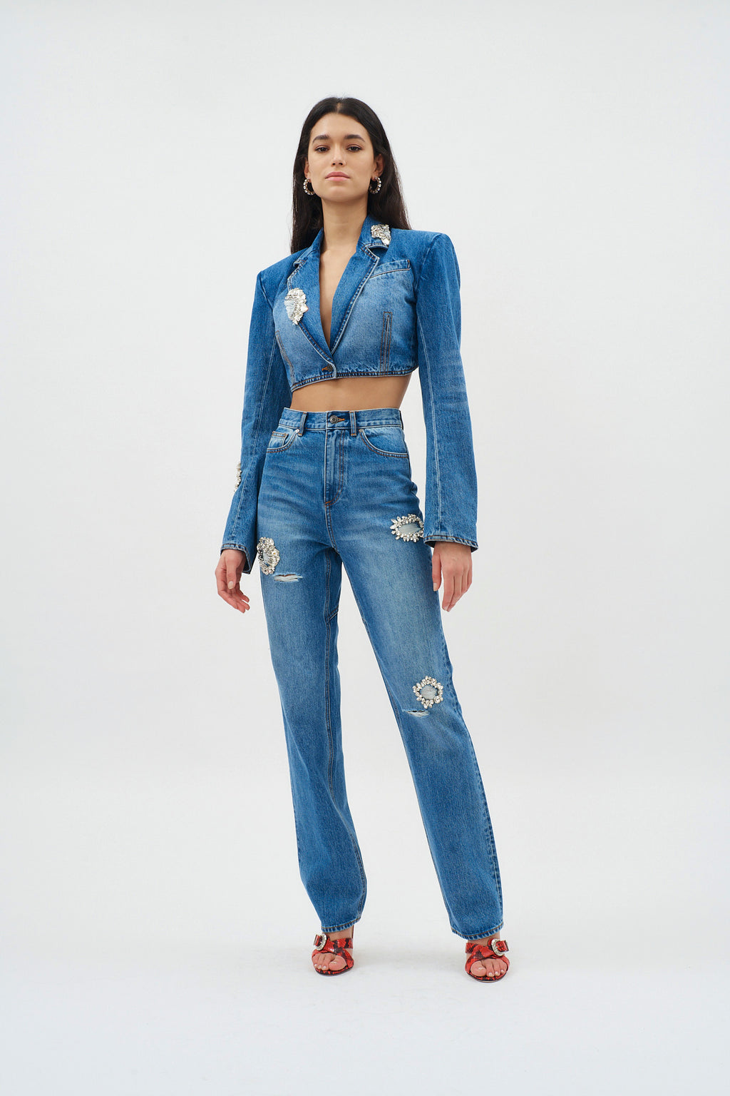 Distressed Crystal Denim Light Indigo Cropped Blazer - Désordre Boutique