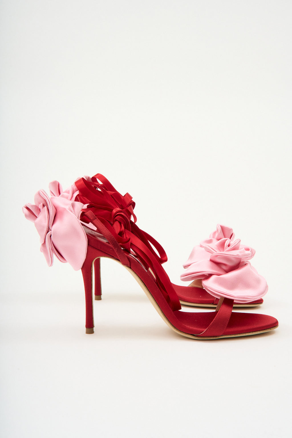 Double Flower Pink Red Satin Heel Sandals - Désordre Boutique