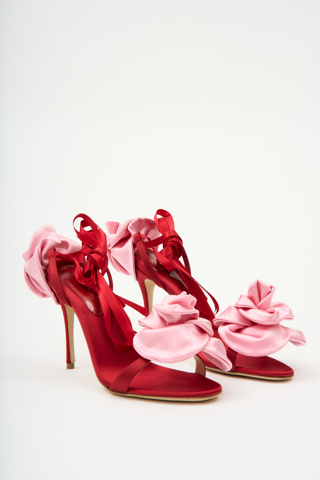 Double Flower Pink Red Satin Heel Sandals - Désordre Boutique