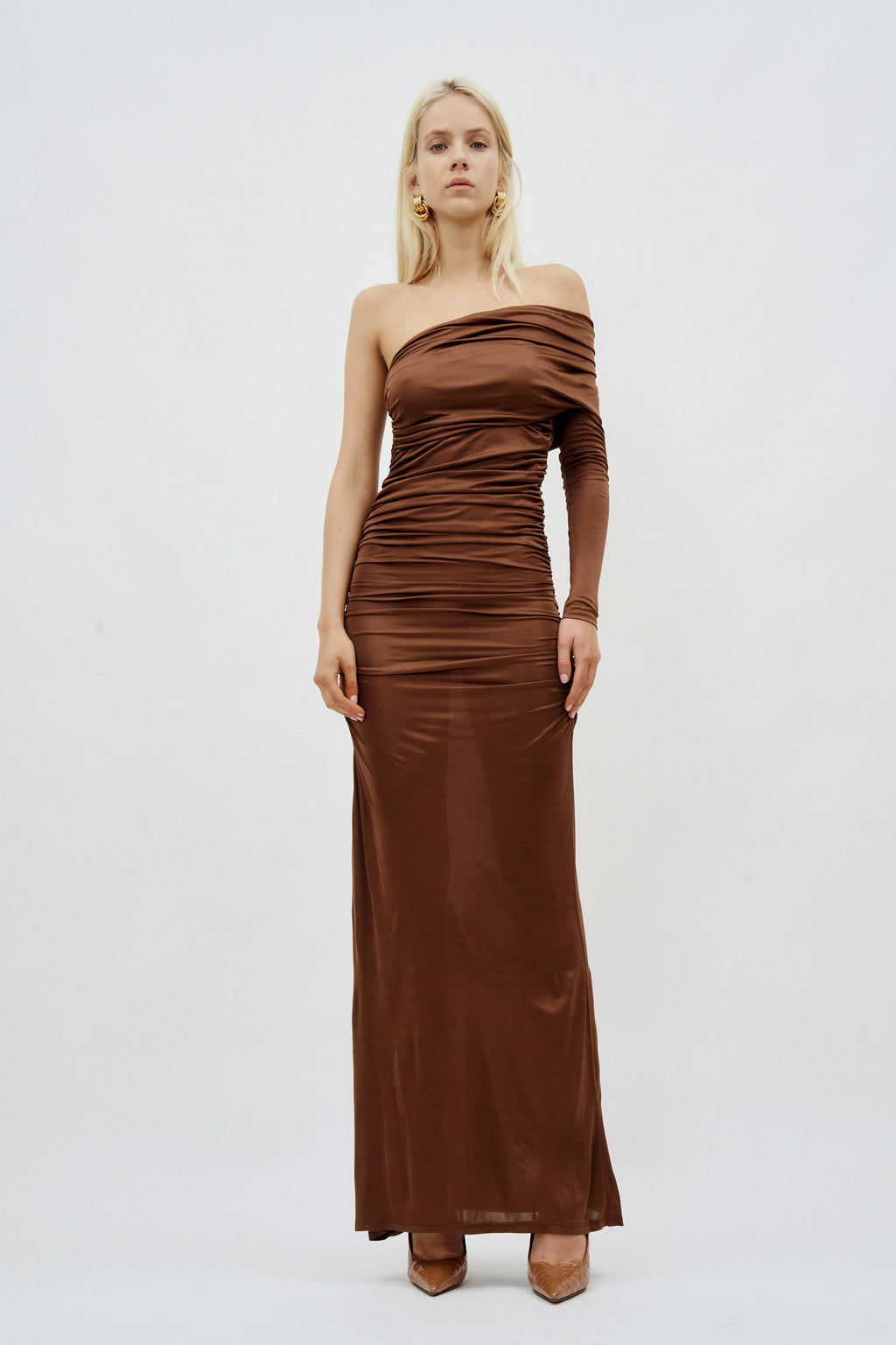 Draped Long Sleeve Bronze Gown - Désordre Boutique