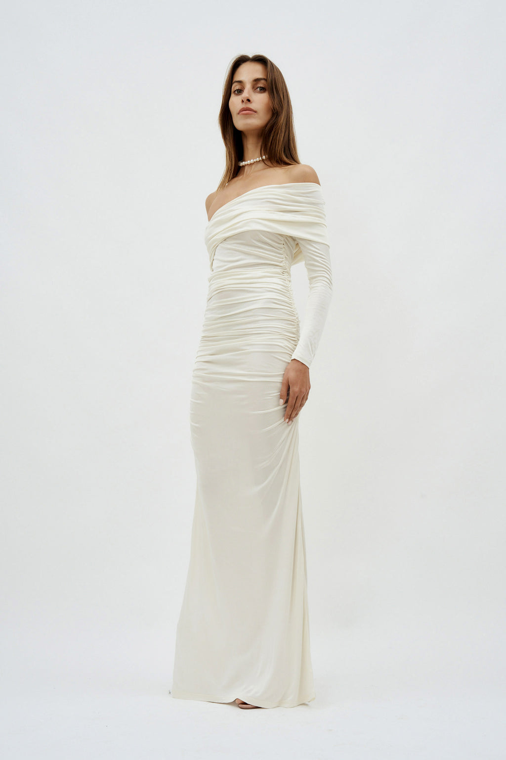 Draped Long Sleeve Off White Gown - Désordre Boutique