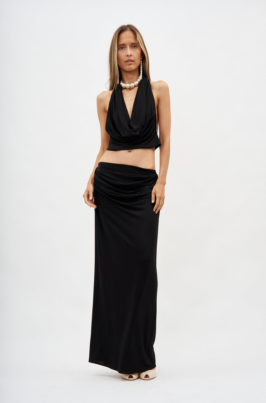 Draped Low Waist Black Midi Skirt - Désordre Boutique