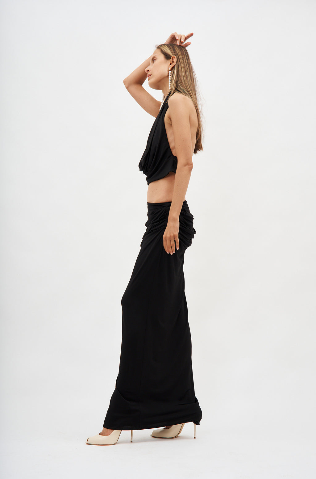 Draped Low Waist Black Midi Skirt - Désordre Boutique