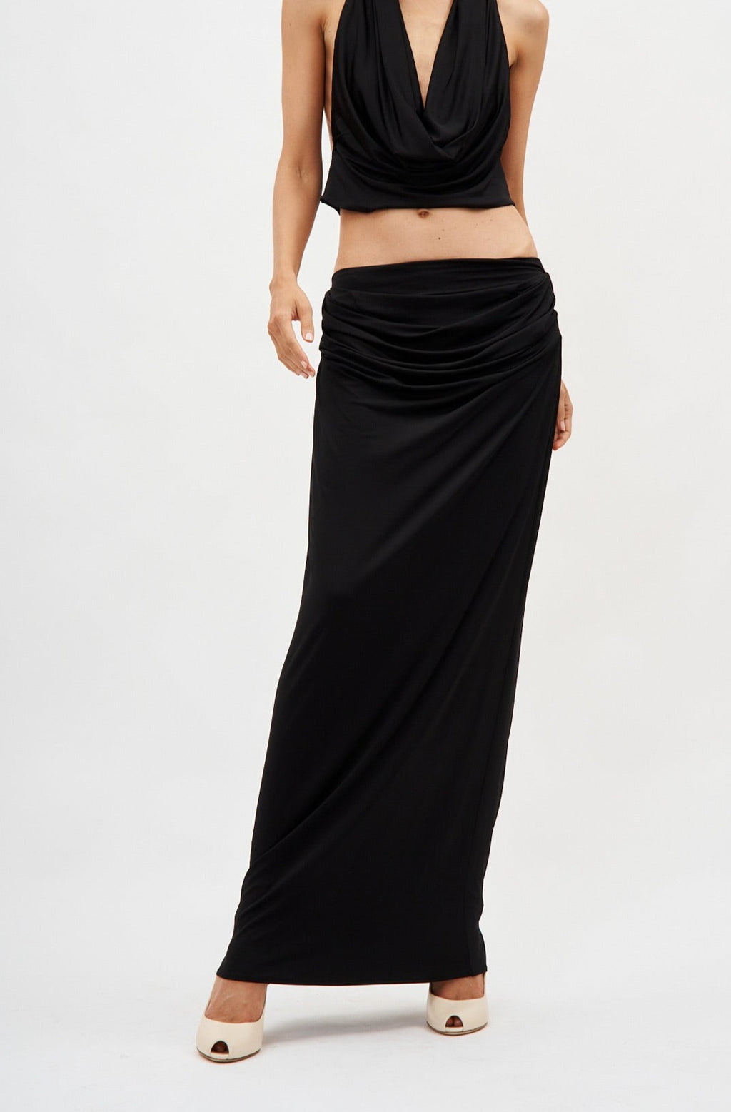 Draped Low Waist Black Midi Skirt - Désordre Boutique