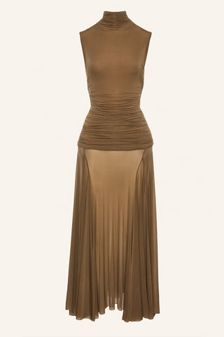 High Neck Cupro Midi Brown Dress