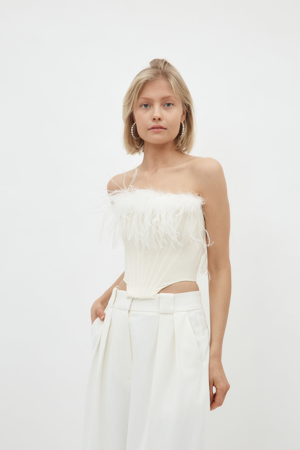 Feather Trim Milk White Strapless Corset Top - Désordre Boutique