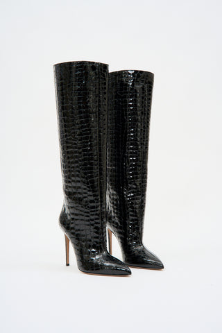 Glossy Embossed Croco Black Stiletto Boot - Désordre Boutique