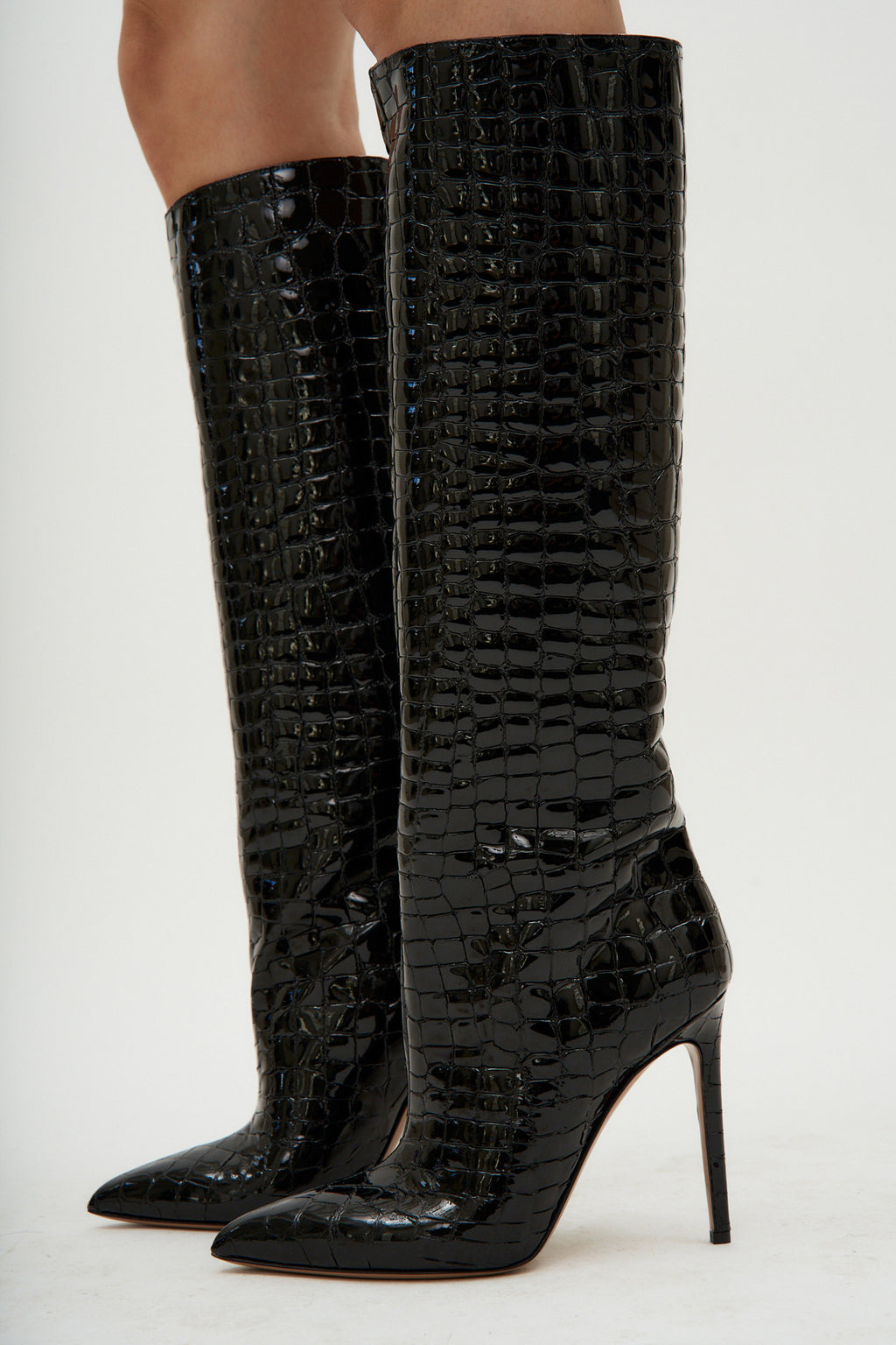 Glossy Embossed Croco Black Stiletto Boot - Désordre Boutique