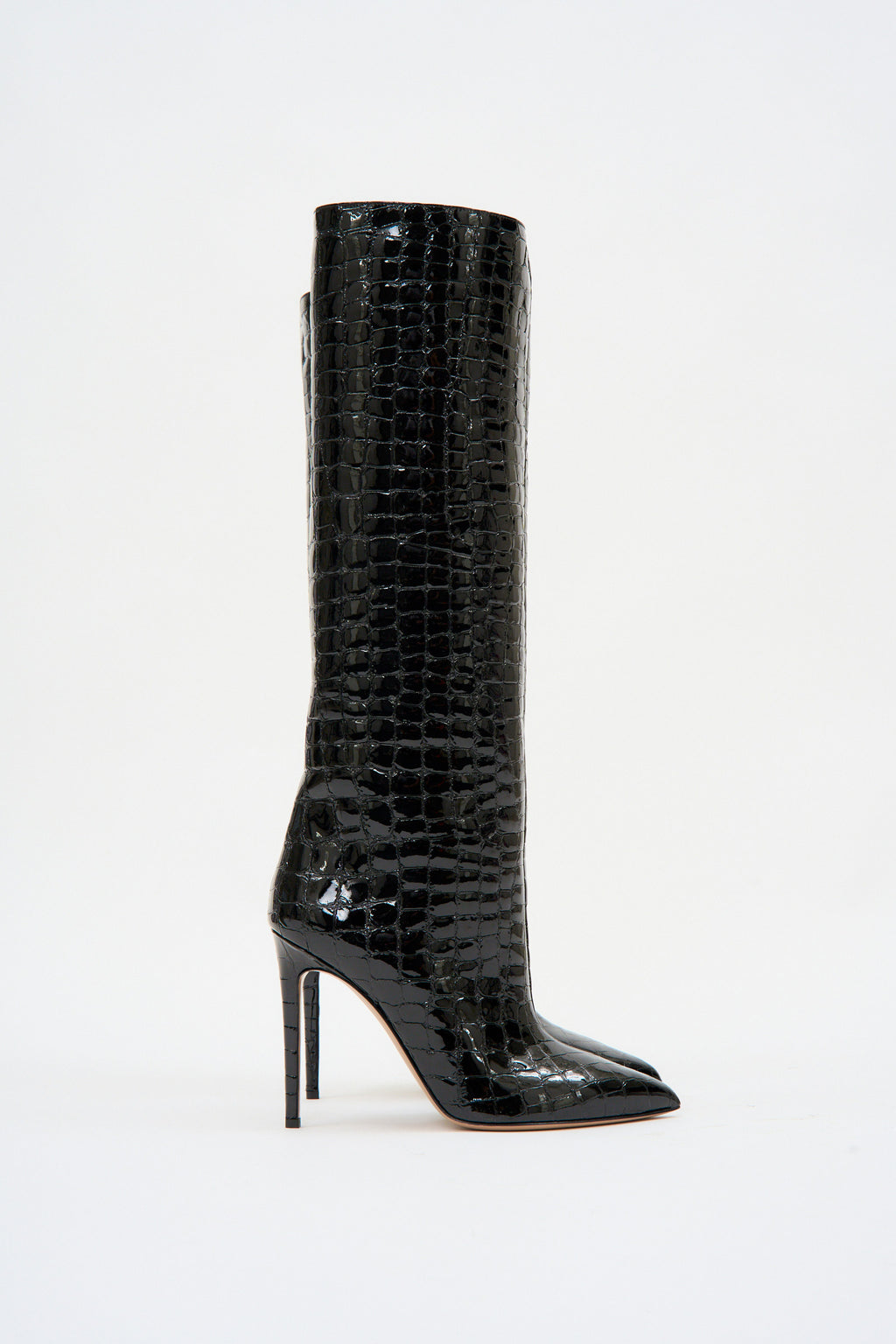 Glossy Embossed Croco Black Stiletto Boot - Désordre Boutique