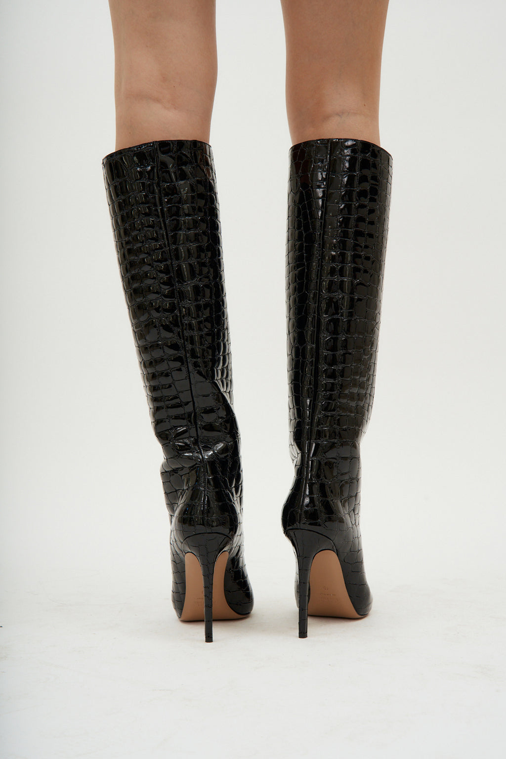 Glossy Embossed Croco Black Stiletto Boot - Désordre Boutique