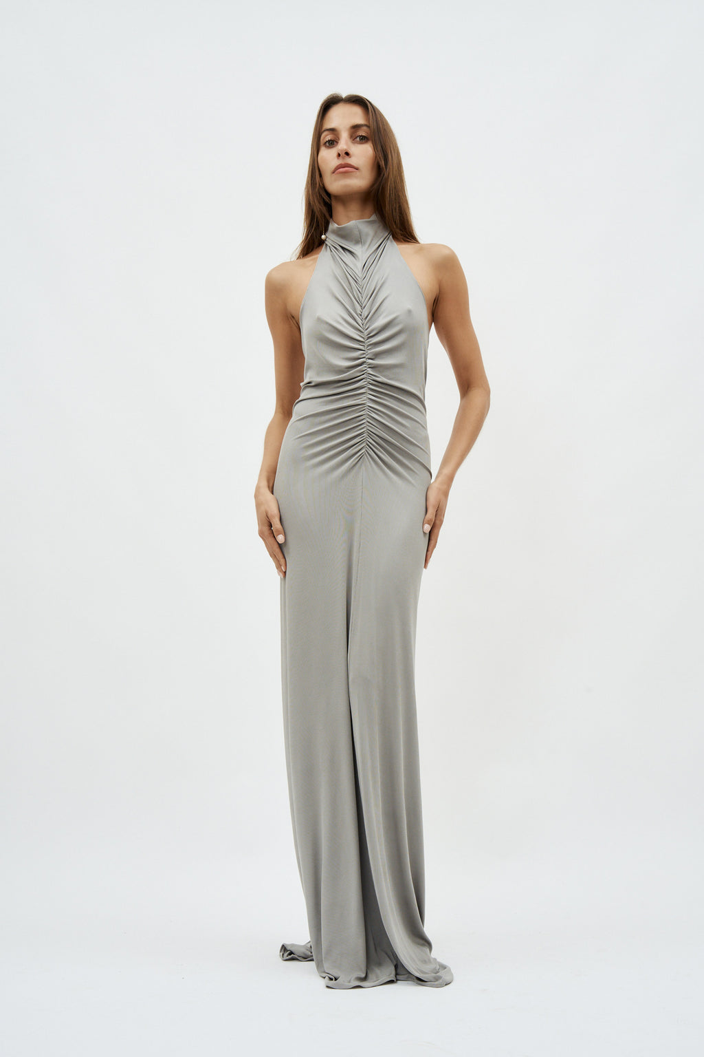 Halter Neck Front Ruched Grey Gown - Désordre Boutique