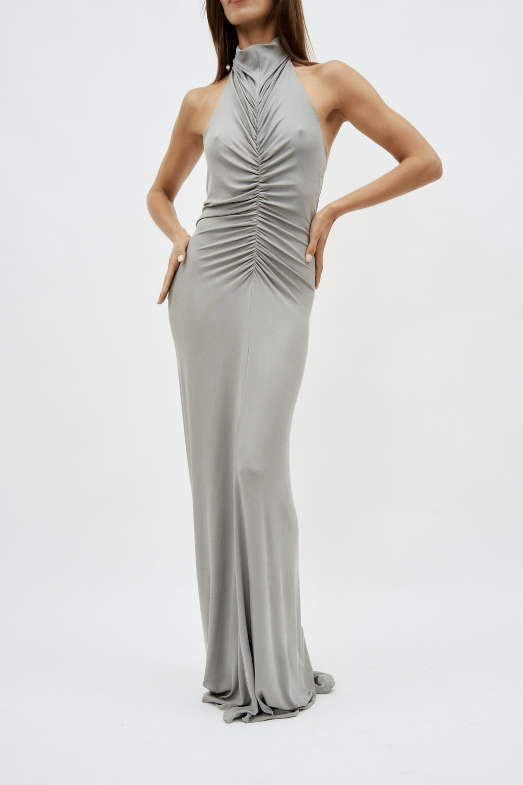 Halter Neck Front Ruched Grey Gown - Désordre Boutique