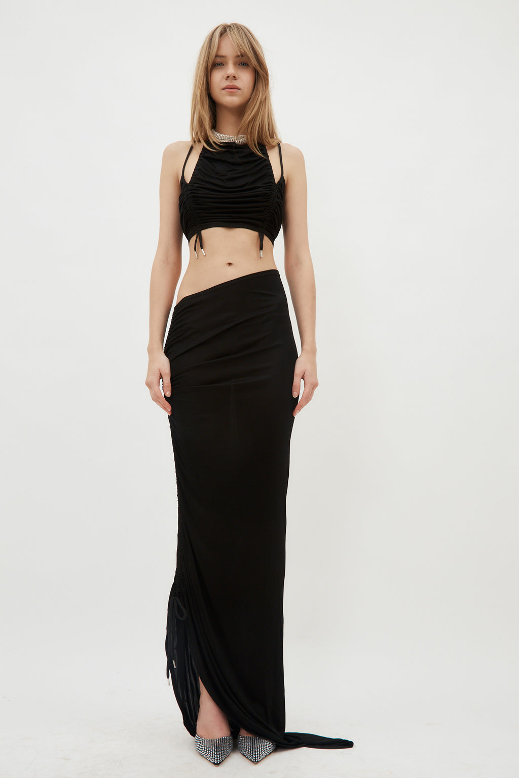 High Neck Ruched Asymmetric Black Top - Désordre Boutique