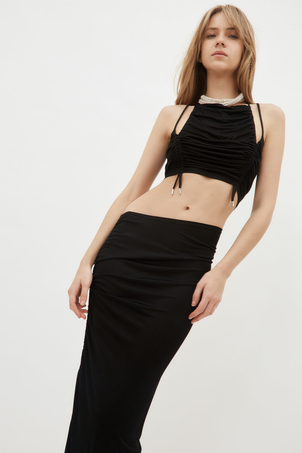 High Neck Ruched Asymmetric Black Top - Désordre Boutique