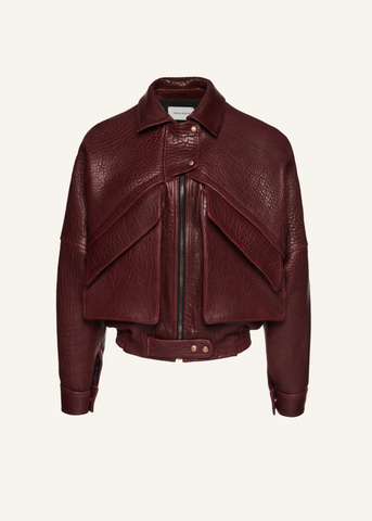 Vintage Leather Embossed Burgundy Bomber Jacket