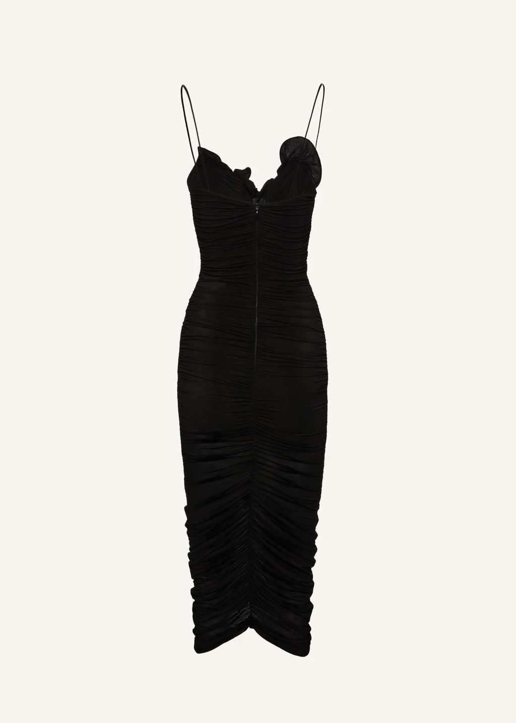 Ruched Ruffle Midi Black Dress