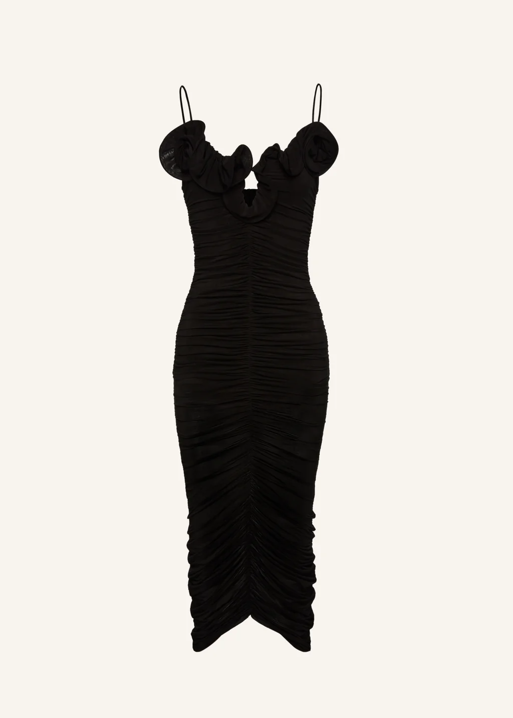 Ruched Ruffle Midi Black Dress