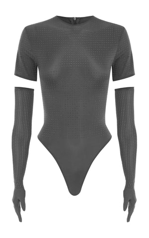 Short Sleeve Crystal Jersey Iron Bodysuit with Gloves