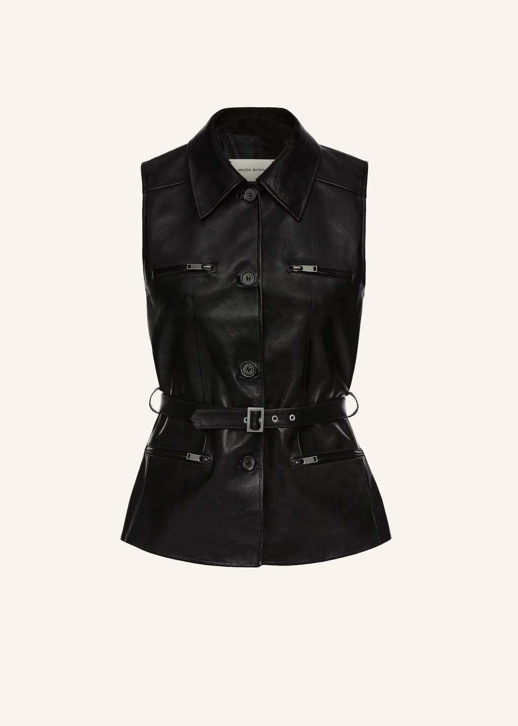 Sleeveless Belted Leather Black Vest