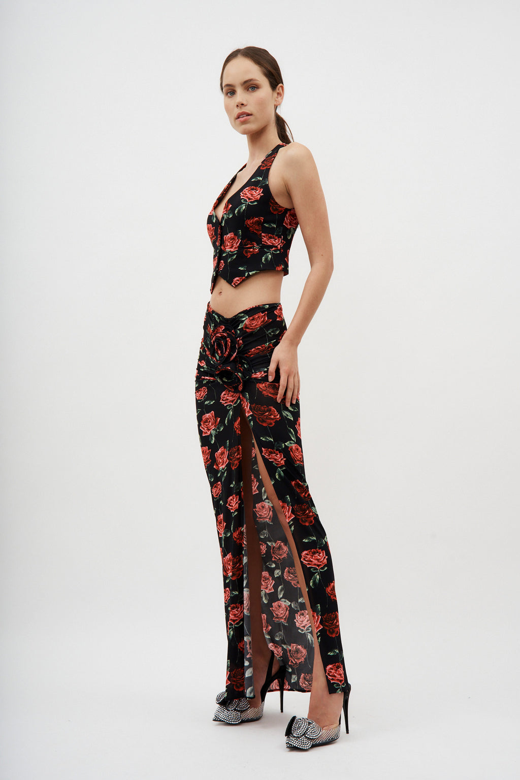 Jersey Slit Black Rose Print Skirt - Désordre Boutique