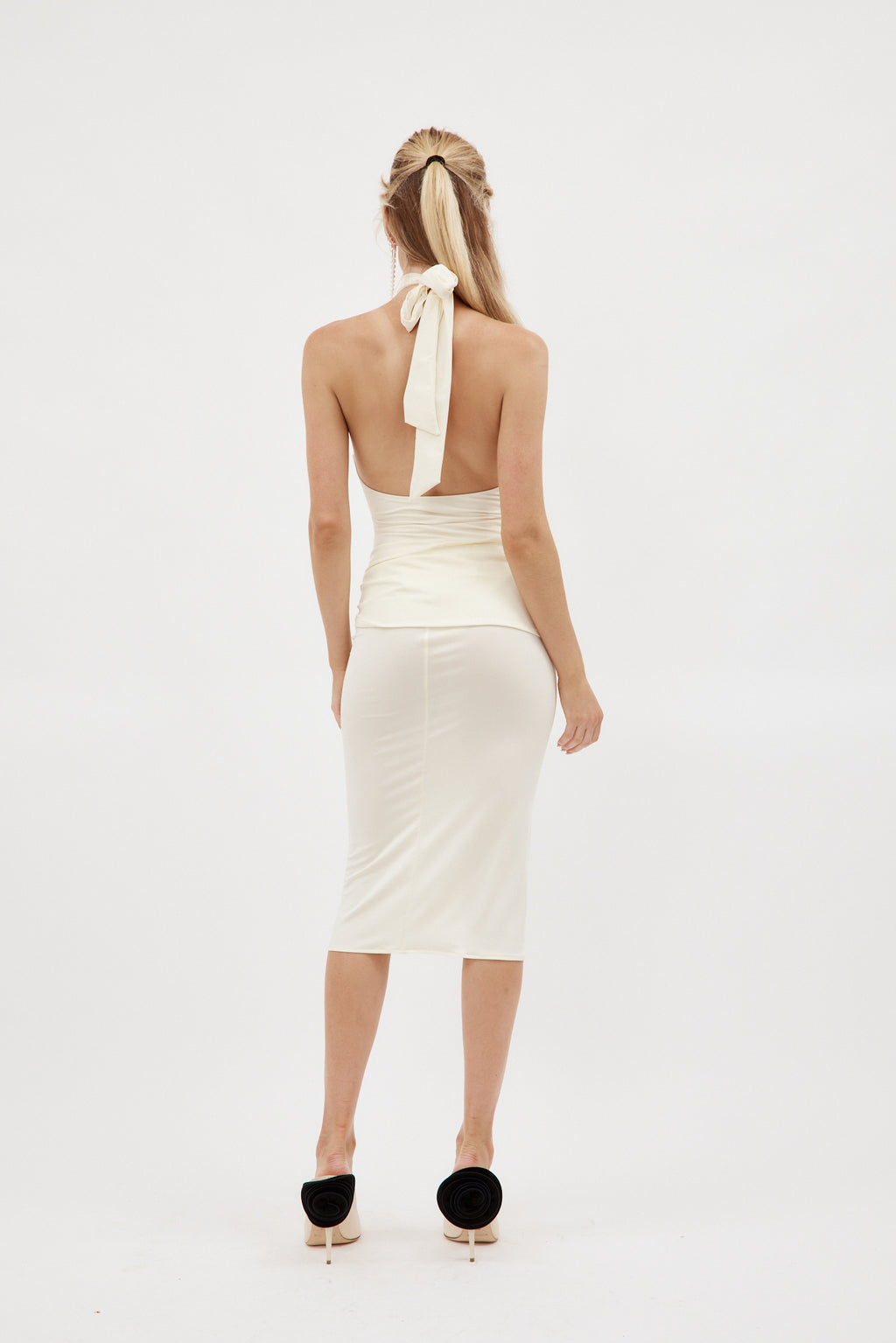 Knee Length Ruched Flower Cream Jersey Skirt - Désordre Boutique