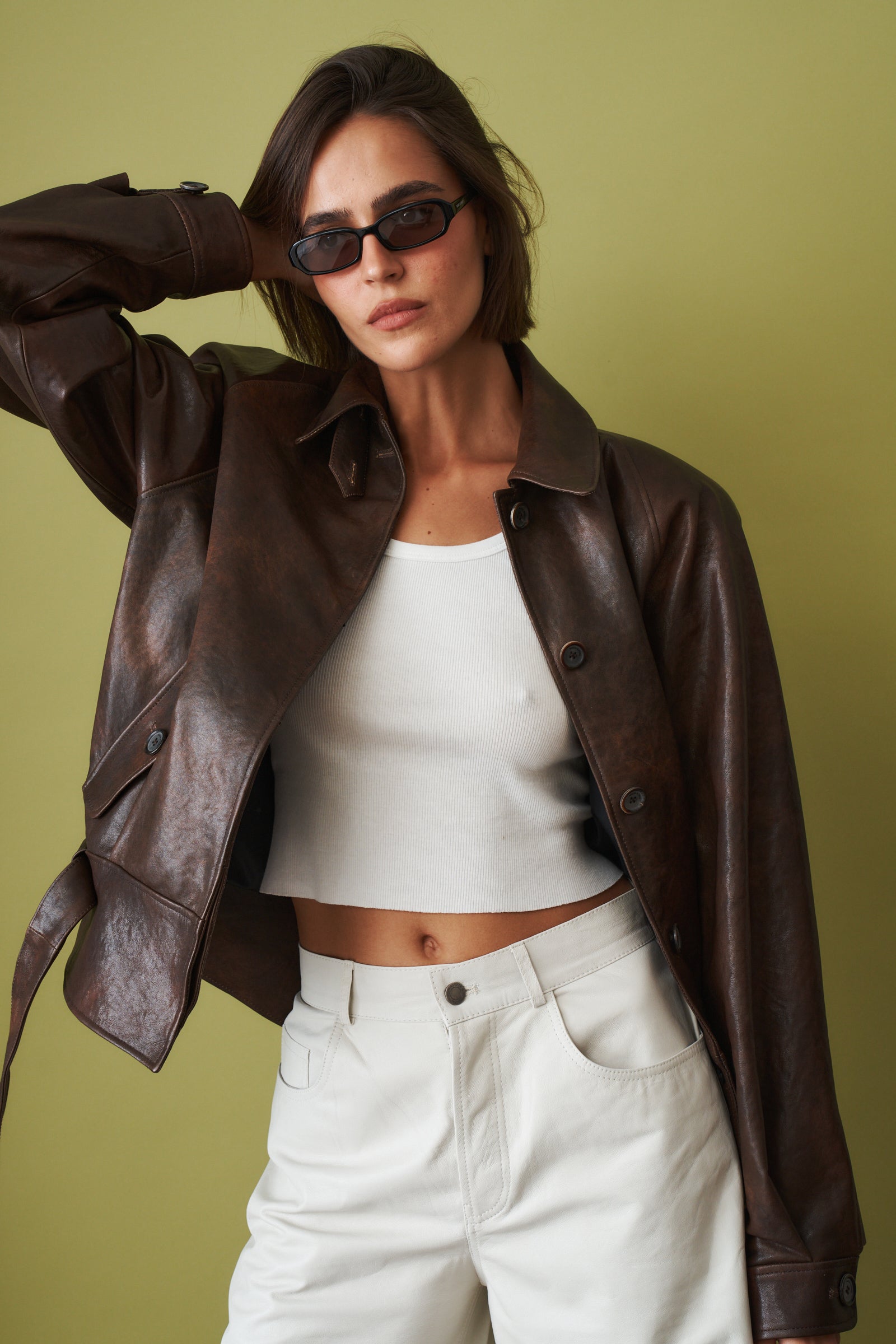 Belted Leather Jacket in Vintage Brown - DÉSORDRE