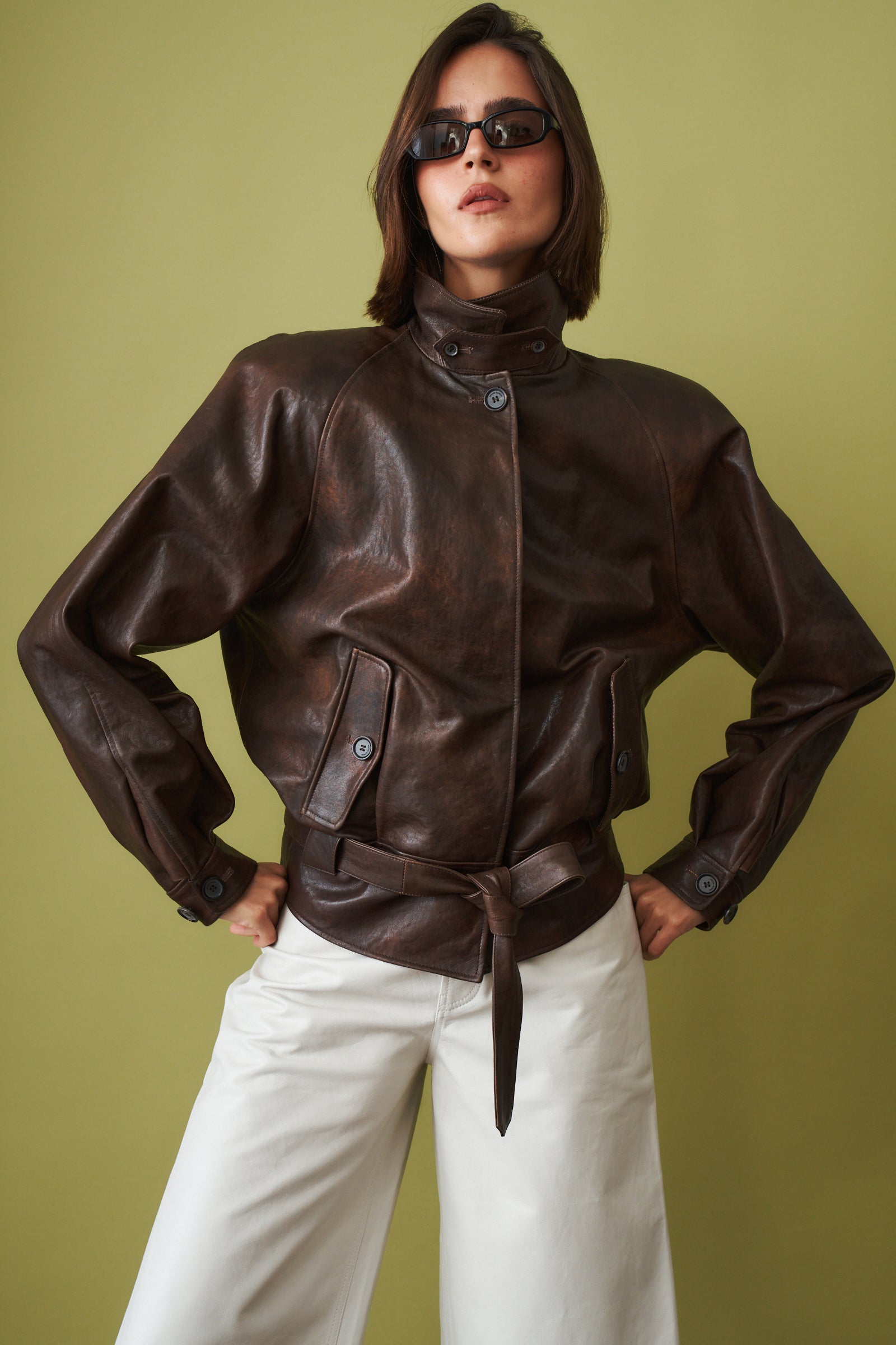 Belted Leather Jacket in Vintage Brown - DÉSORDRE