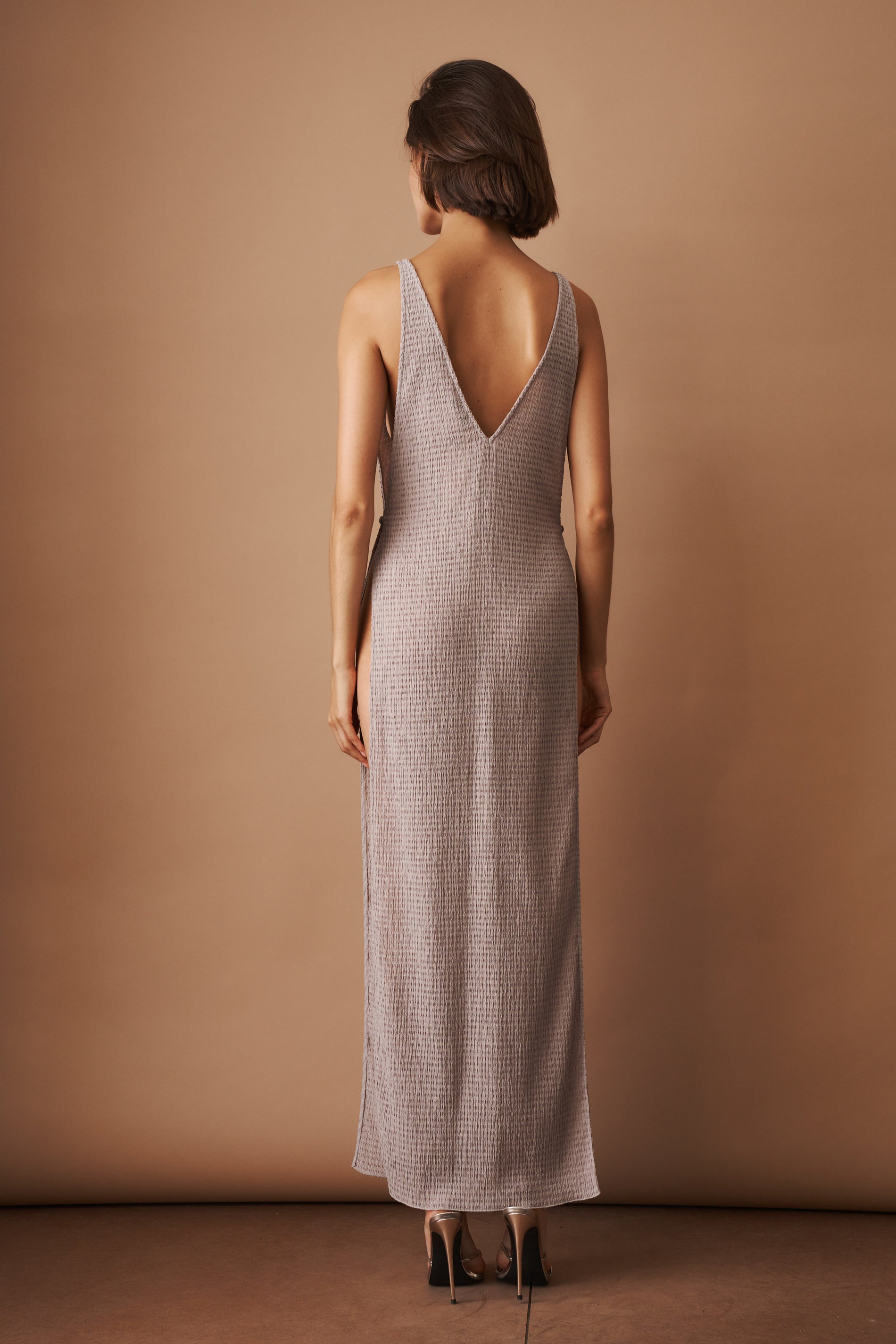 Crepe High Leg Maxi Dress in Light Brown - DÉSORDRE
