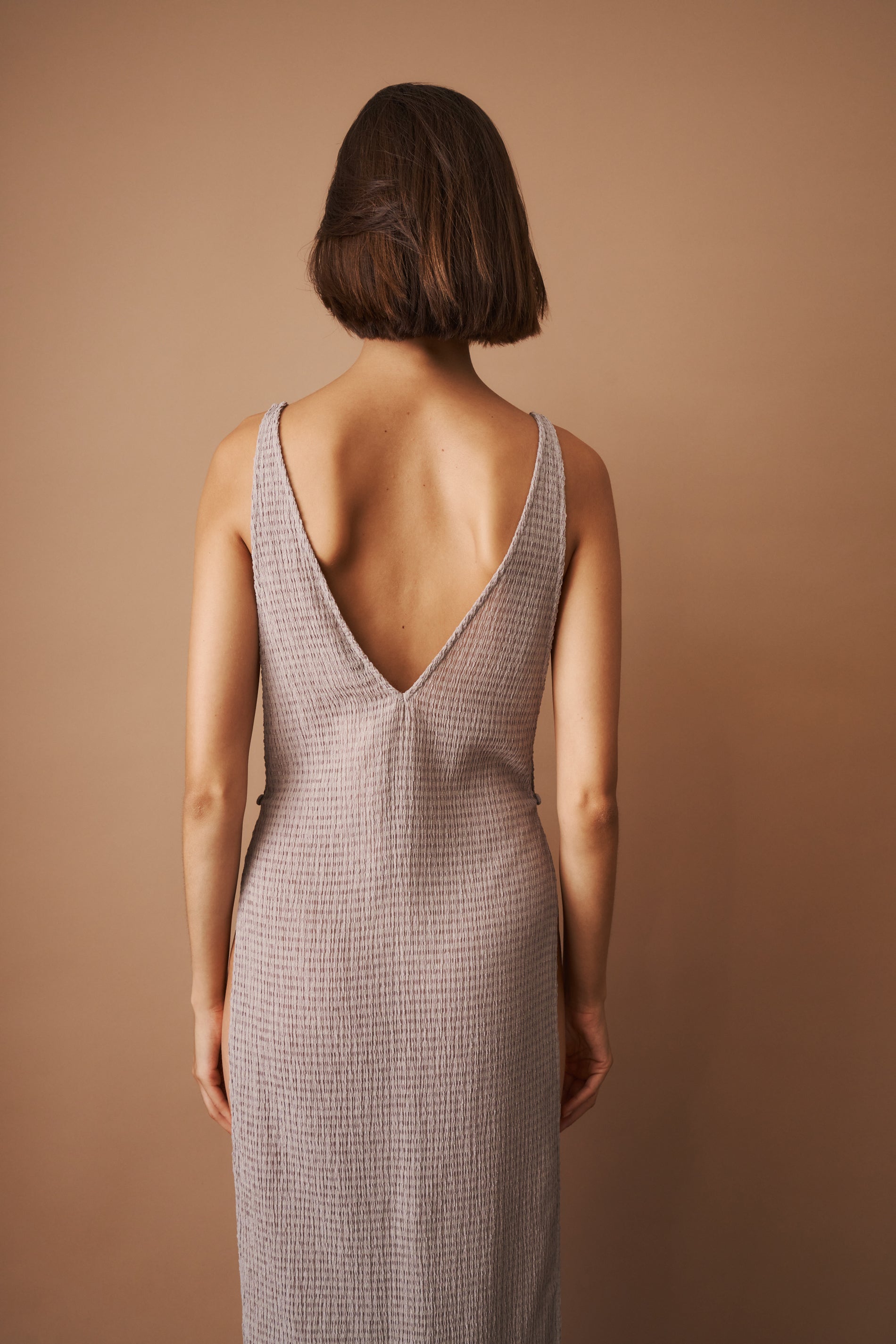 Crepe High Leg Maxi Dress in Light Brown - DÉSORDRE