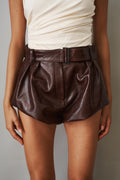 Belted Flared Leather Shorts in Vintage Brown - DÉSORDRE