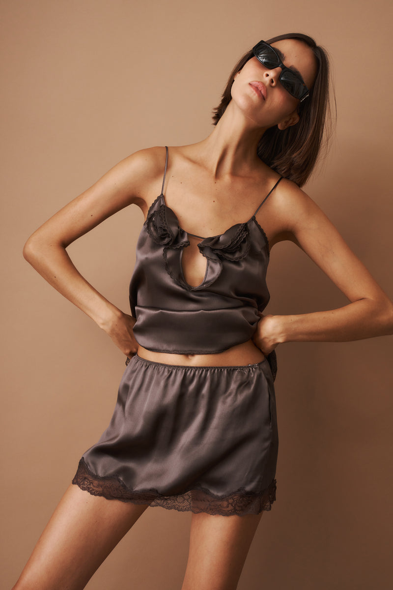 Mini Slip Skirt with Lace Trimmed Hem in Brown - DÉSORDRE