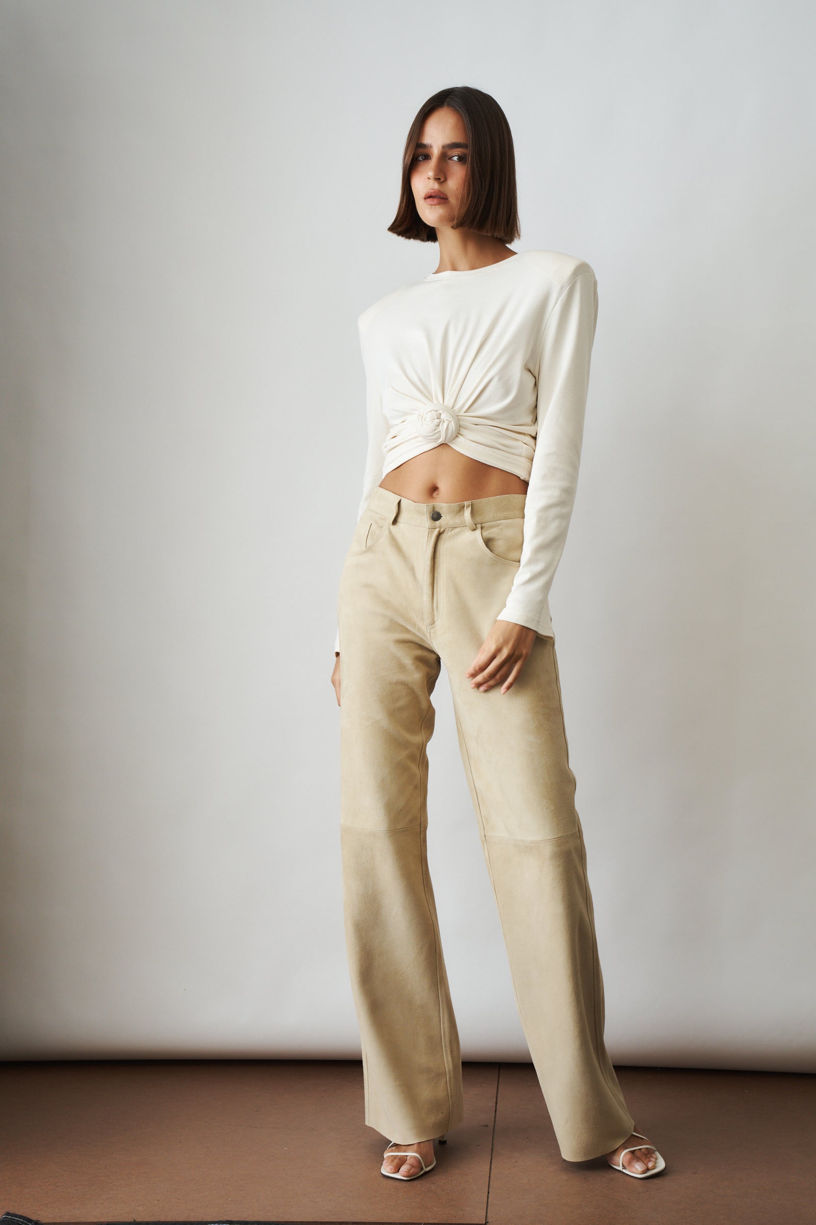 Knotted Long Sleeve Jersey Blouse in Cream - DÉSORDRE
