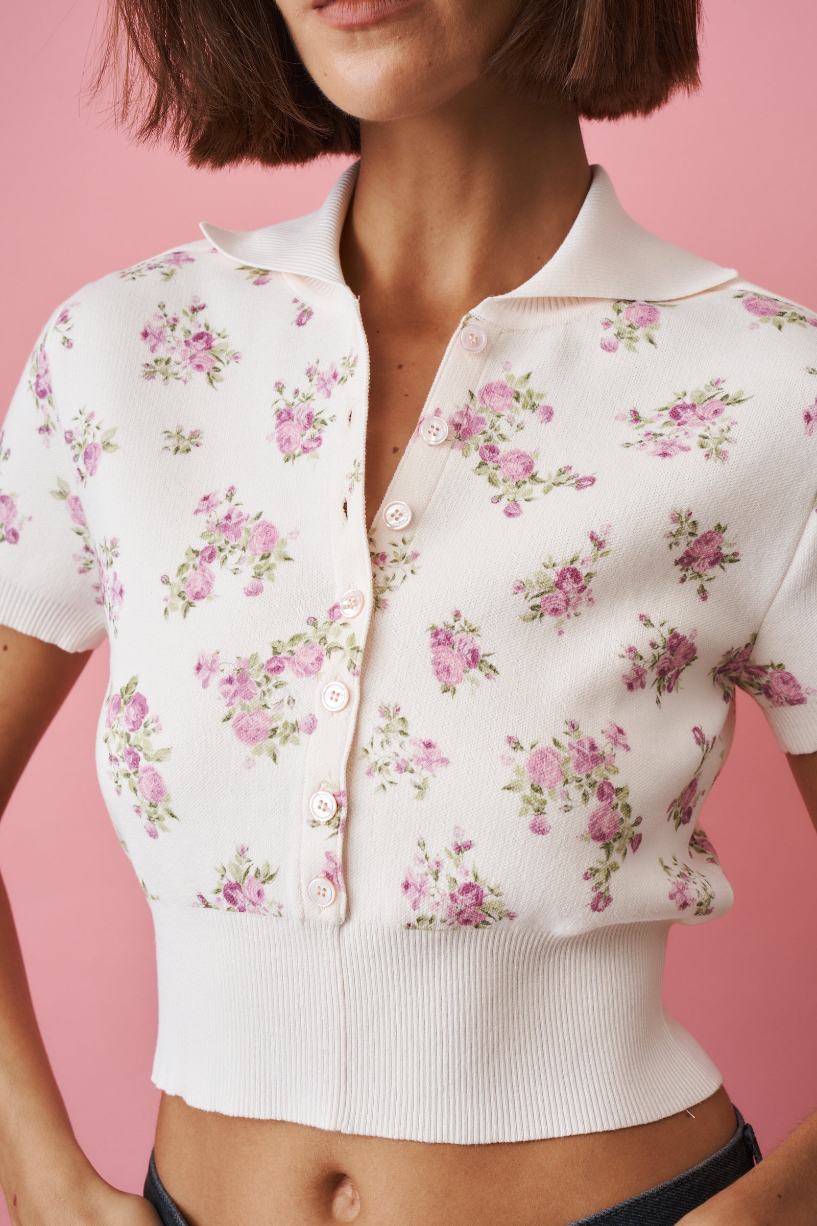 Short Sleeve Floral Polo in Cream - DÉSORDRE