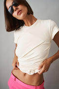 Side Knot Draped T-shirt in Cream - DÉSORDRE