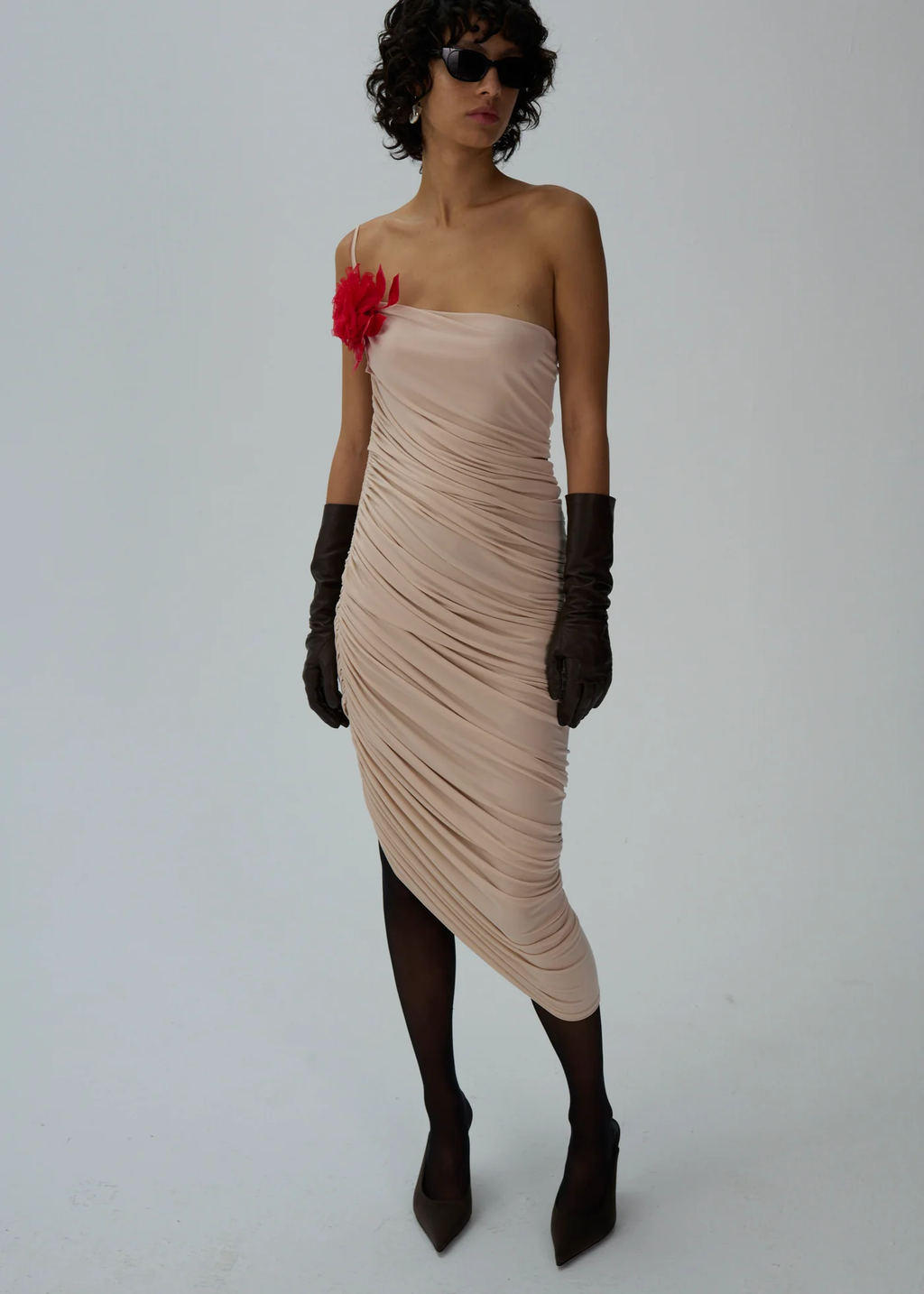 One Shoulder Rose Embellished Beige Dress - Désordre Boutique